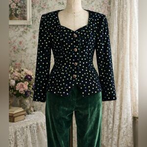 Vintage A.J. Bari Black Velvet Blazer With Green Multicoloured Shiny Sequins